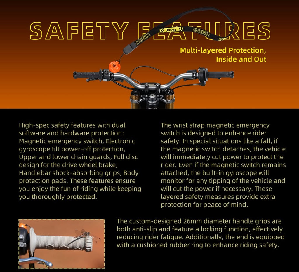 2026 Sur-Ron Hyper Bee multi-layered safety features including wrist-strap kill switch and gyroscope tilt cutoff