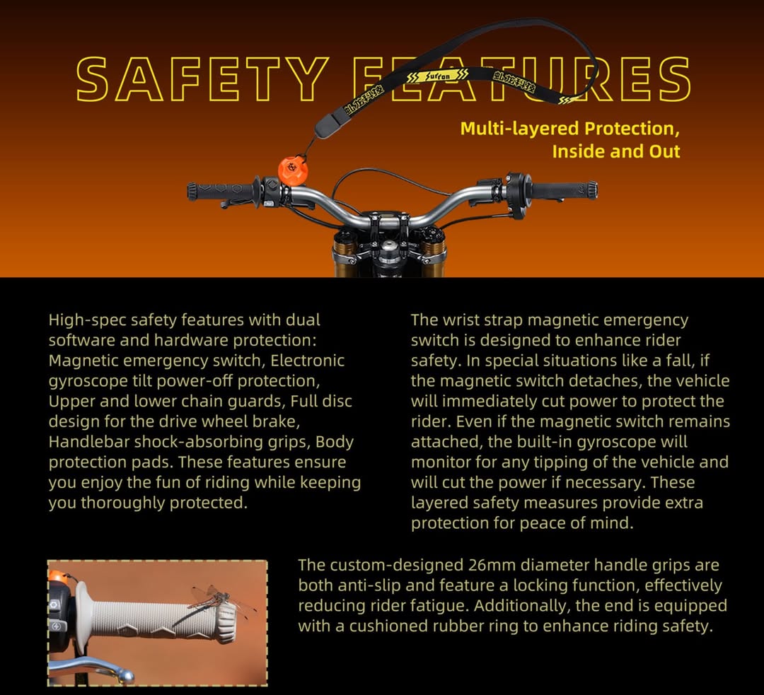 2026 Sur-Ron Hyper Bee multi-layered safety features including wrist-strap kill switch and gyroscope tilt cutoff