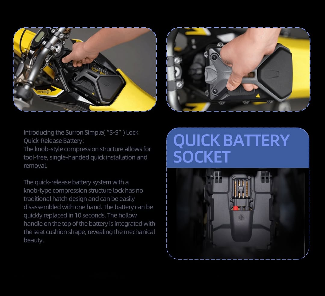 2026 Sur-Ron Hyper Bee S-S Lock quick-release battery for 10-second tool-free swaps