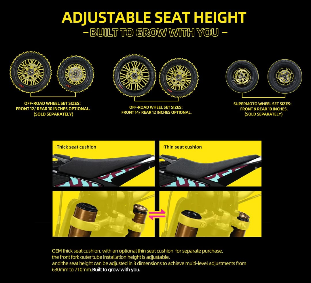 2026 Sur-Ron Hyper Bee adjustable seat height 630-710mm and interchangeable wheel sets