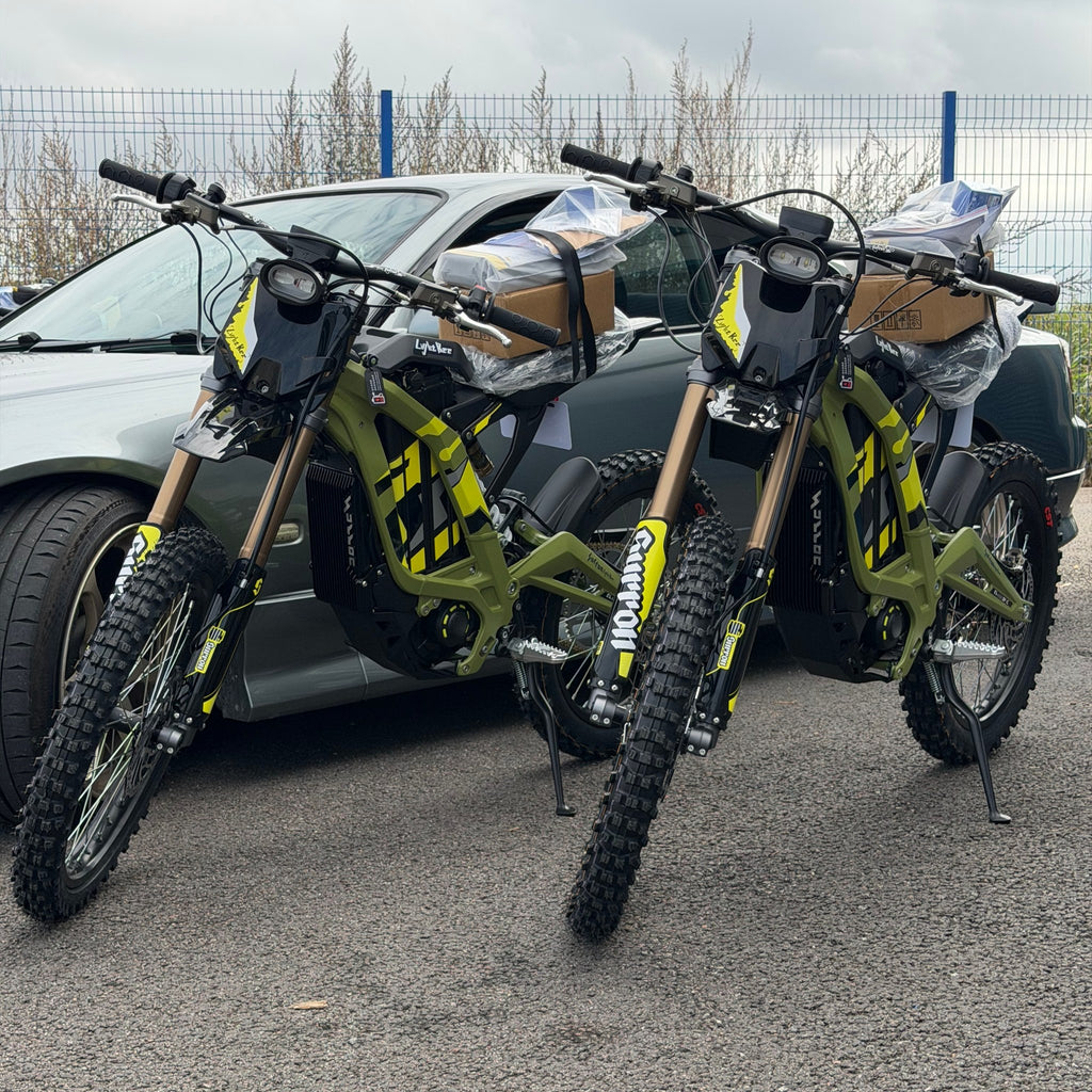 Two 2026 Sur-Ron Light Bee X bikes in Green, real photo of our UK stock