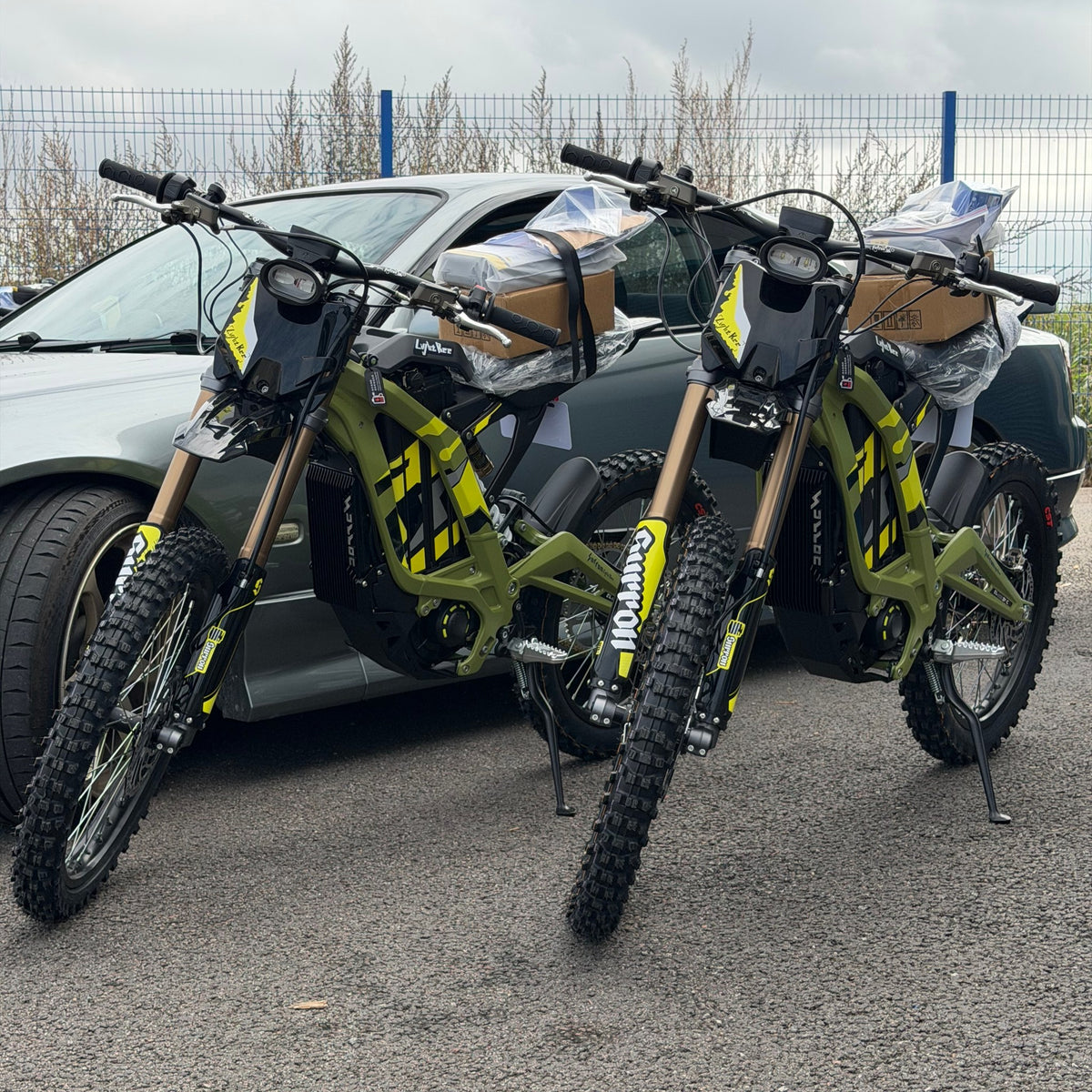 Two 2026 Sur-Ron Light Bee X bikes in Green, real photo of our UK stock