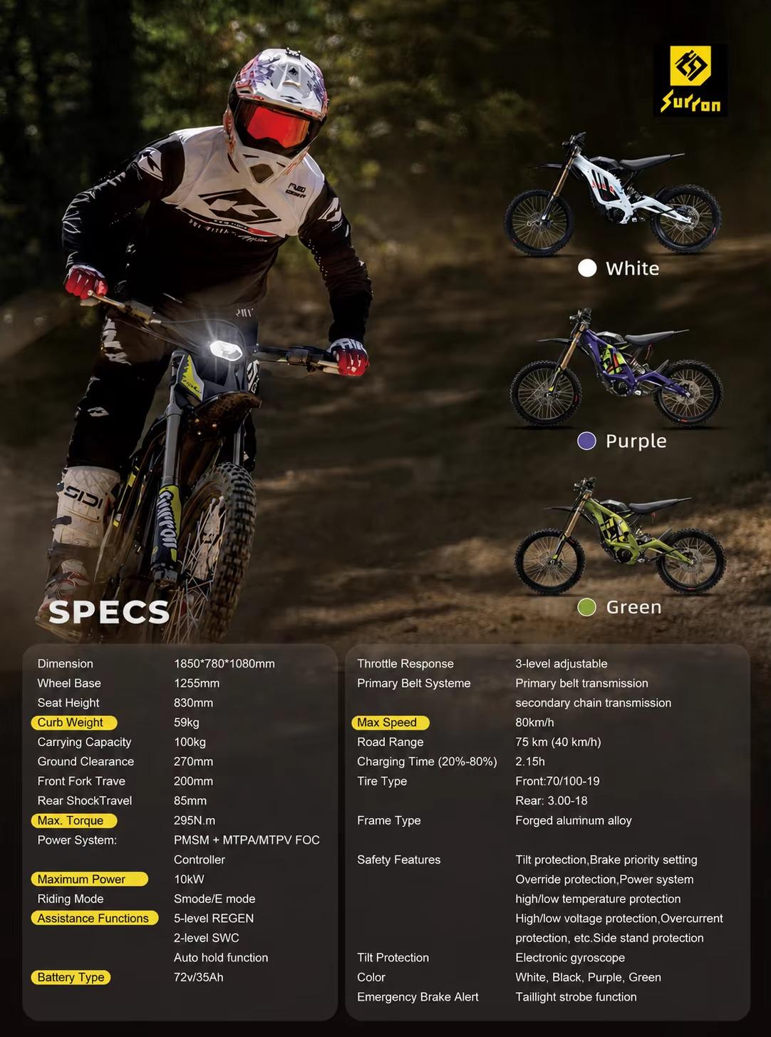 2026 Sur-Ron Light Bee X spec sheet showing white / purple / green colourways and full technical specifications