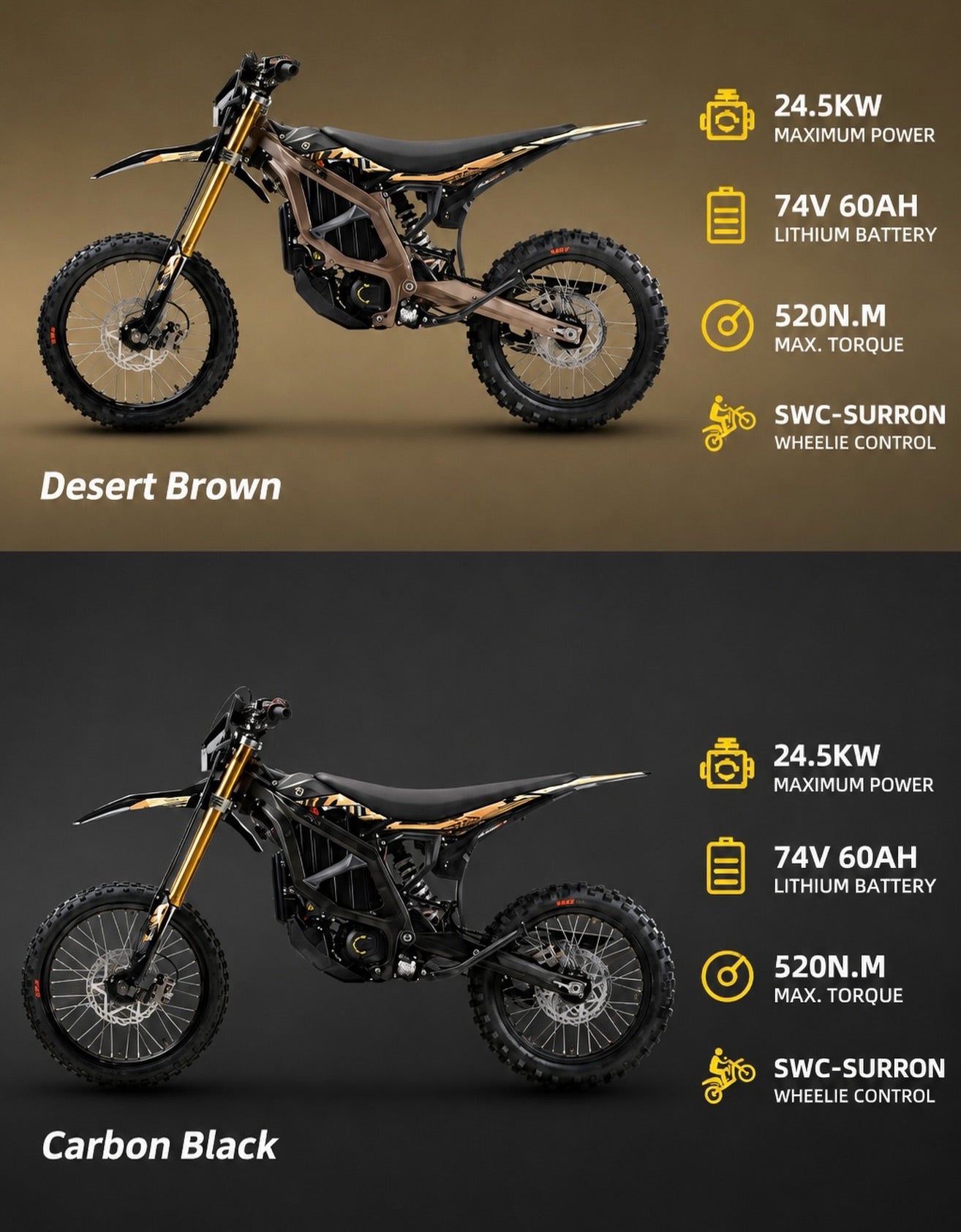 2026 Sur-Ron Ultra Bee in Desert Brown and Carbon Black, 24.5kW motor and SWC Surron wheelie control