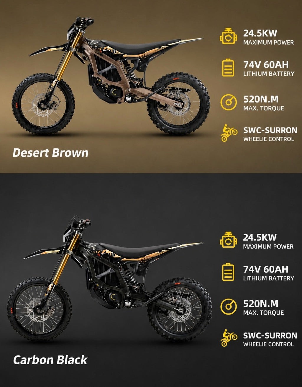 2026 Sur-Ron Ultra Bee in Desert Brown and Carbon Black, 24.5kW motor and SWC Surron wheelie control
