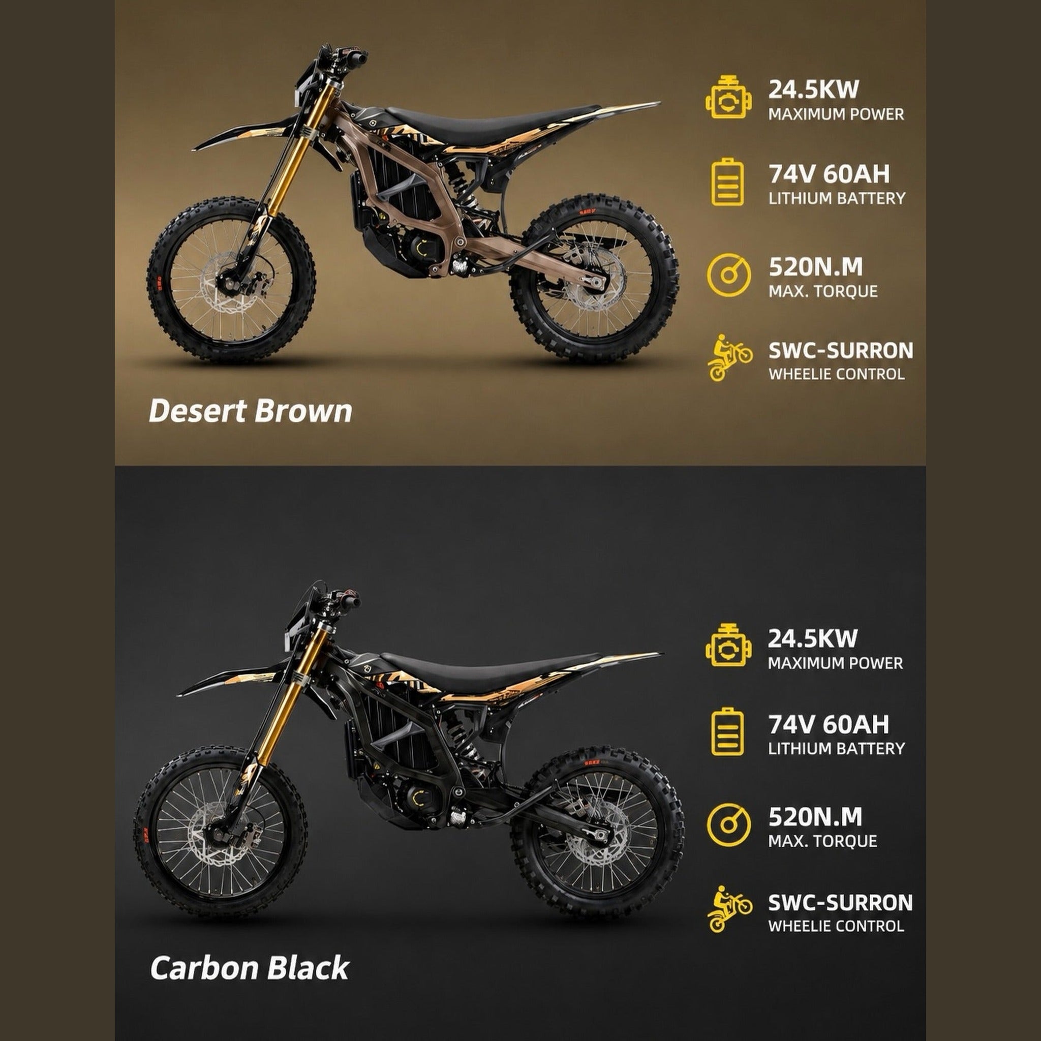 2026 Sur-Ron Ultra Bee HP X spec sheet, Desert Brown and Carbon Black